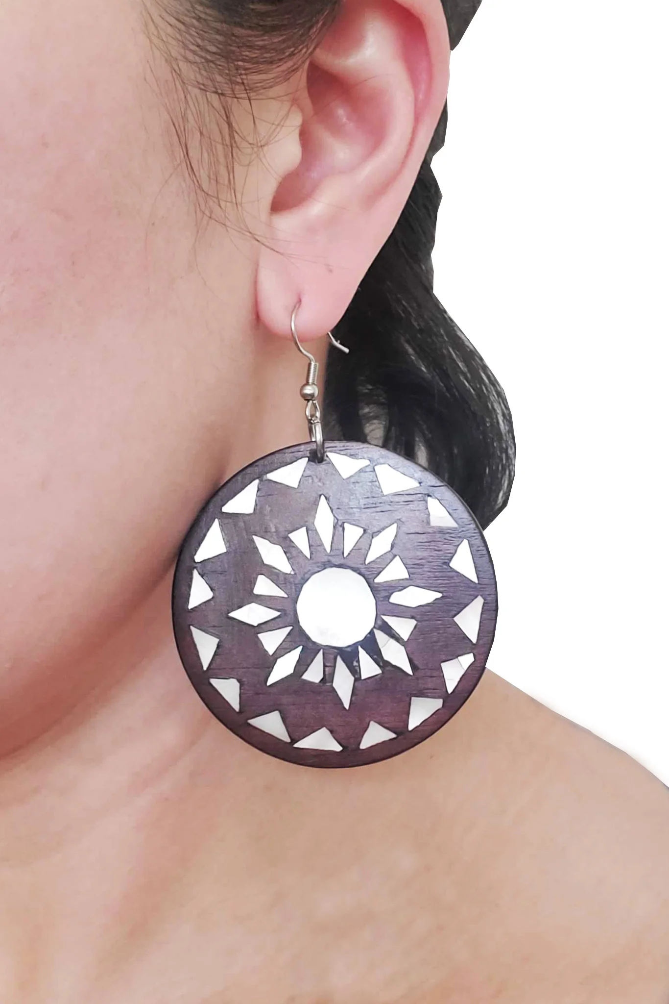 Maranao Mother of Pearl Inlaid Wooden Circle Earrings - Image 2
