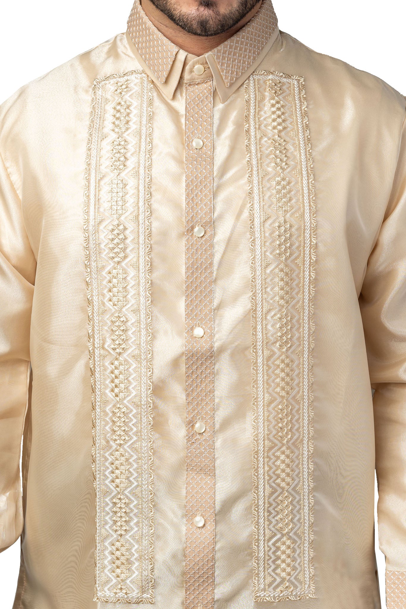 MO32 - Organza Barong Tagalog with Lining Full-Open Mocha - Image 4