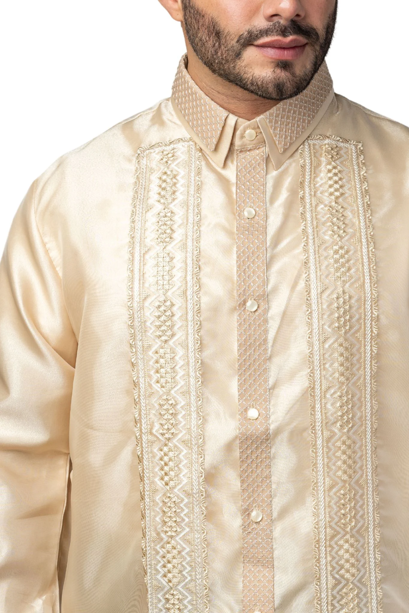 MO32 - Organza Barong Tagalog with Lining Full-Open Mocha - Image 2