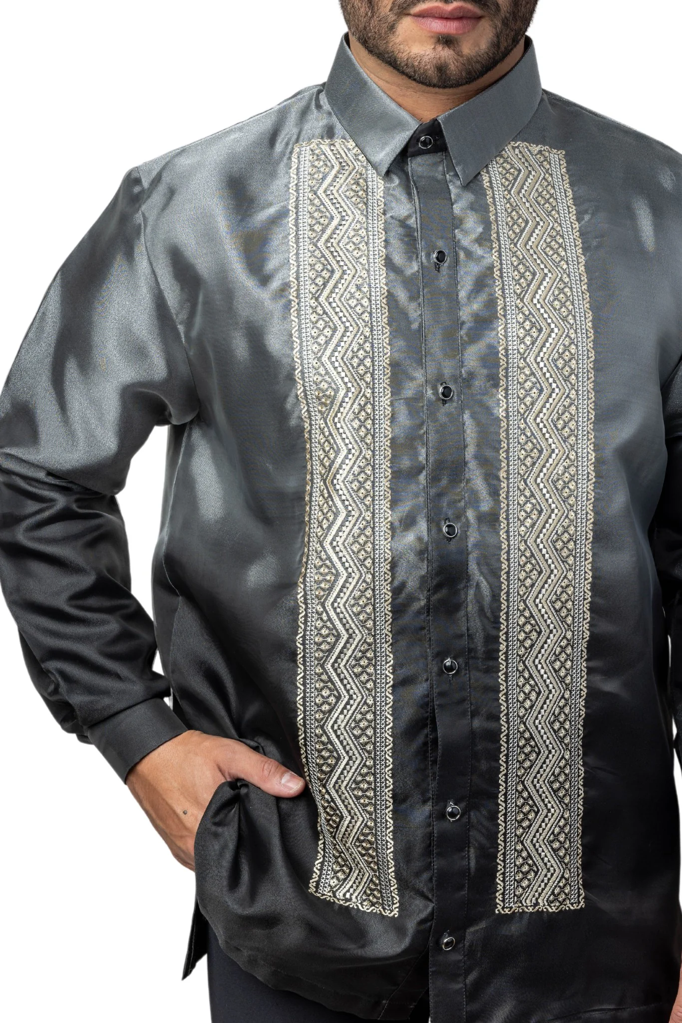 MO35 - Big & Tall - Organza Barong Tagalog Full-Open with Lining Dark Gray - Image 3