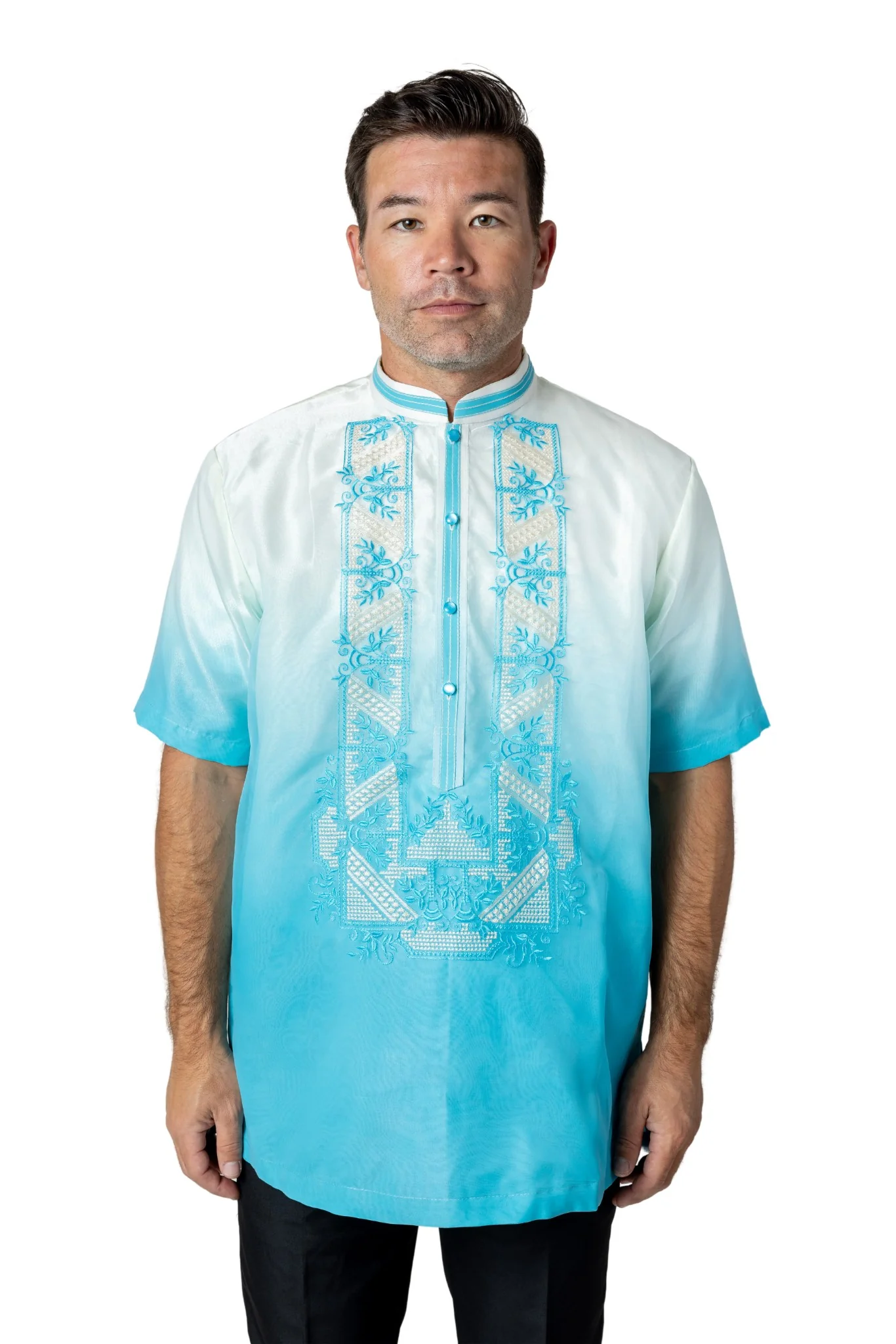 MO48 - Organza Barong Tagalog Short-Sleeve Aqua Blue