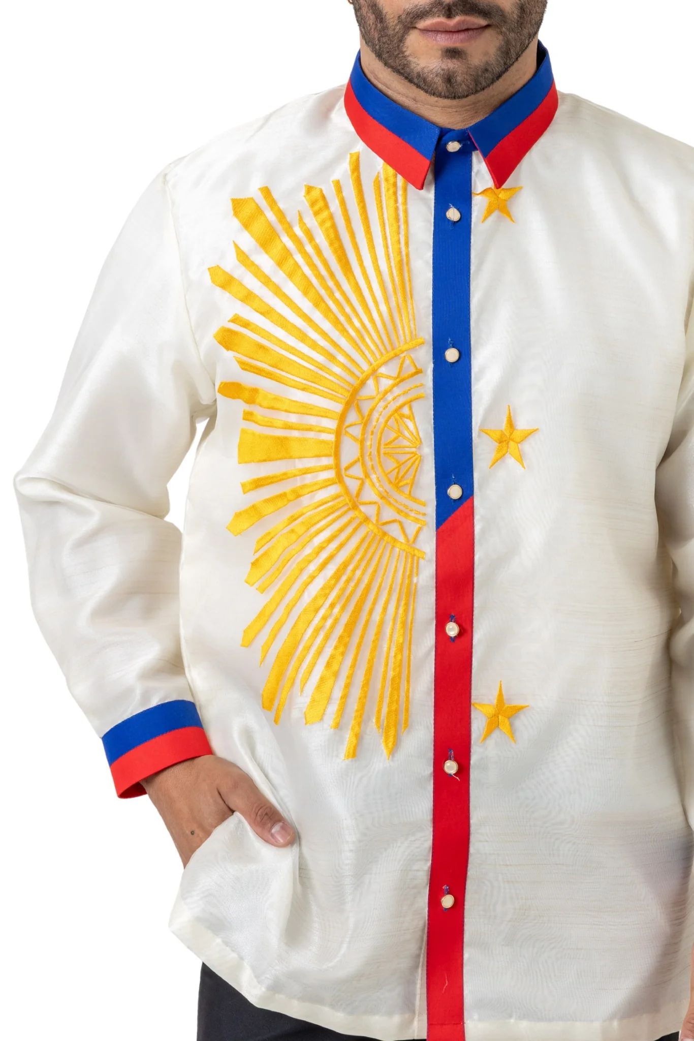 MO51 - Organza Barong Tagalog with Lining Filipino Flag Sun and Stars - Image 3