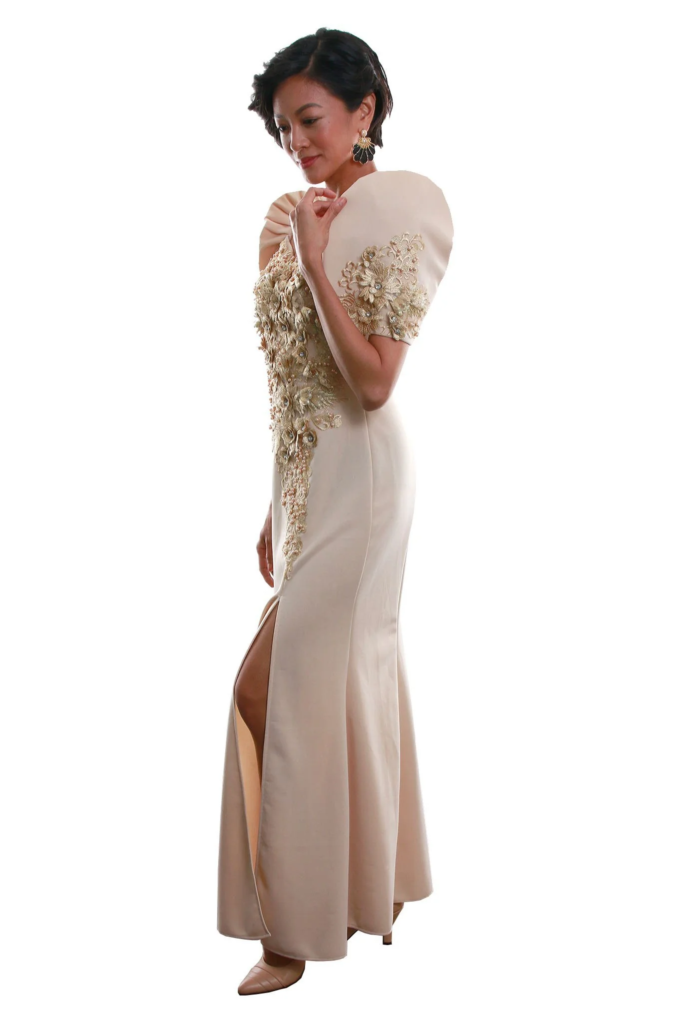 WD07 - Neoprene Mestiza Gown Mocha - Filipiniana - Image 3