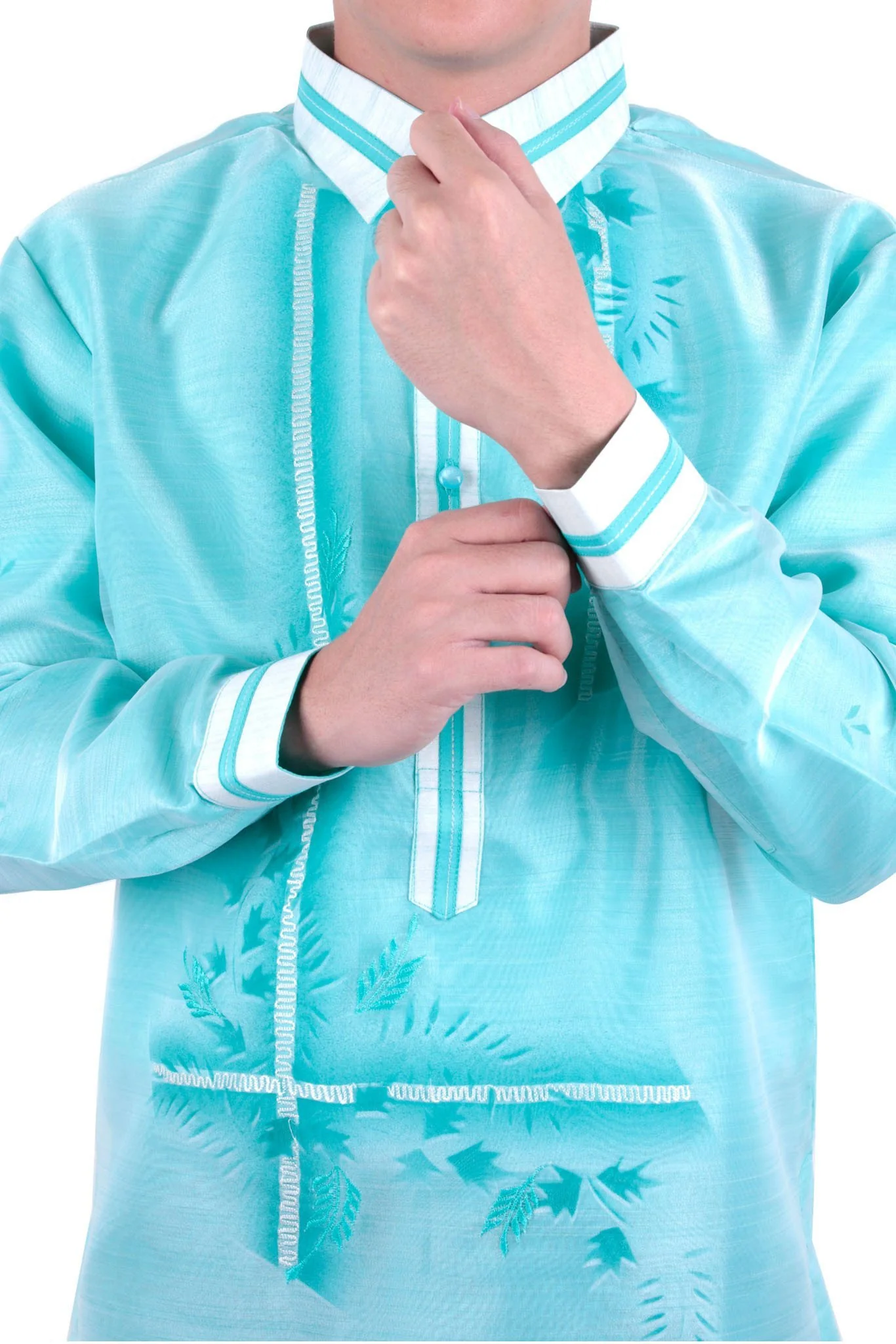 MO26 - Organza Pina Barong Tagalog with Lining Aqua Blue - Image 3