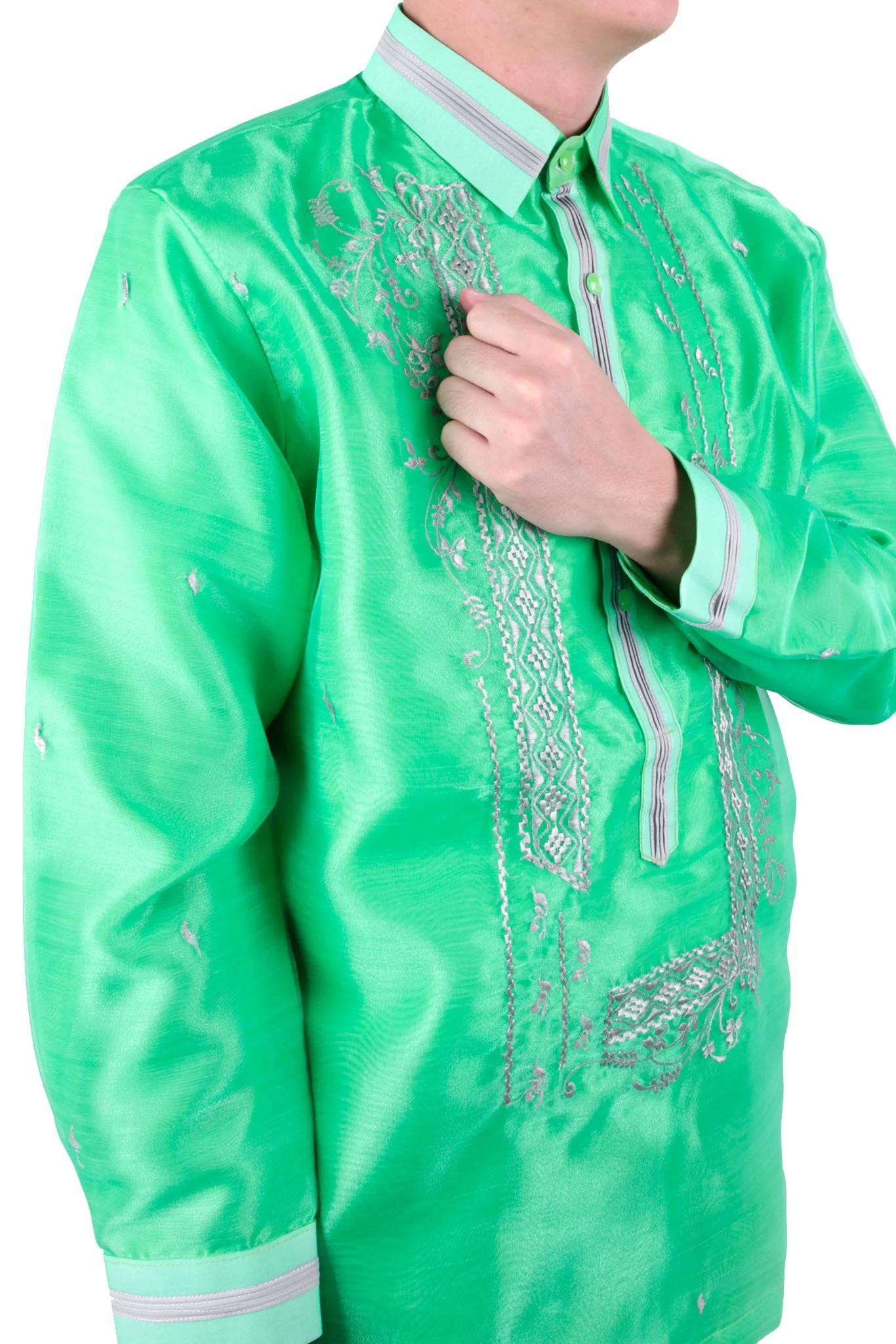 MO25 - MADE-TO-ORDER - Organza Pina Barong Tagalog with Lining Bright Green - Image 3