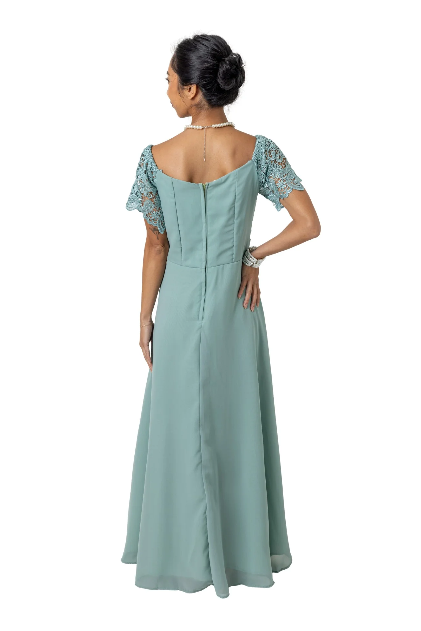 WD23 - Filipiniana Chiffon and 3D Lace Gown Sage Green - Image 2