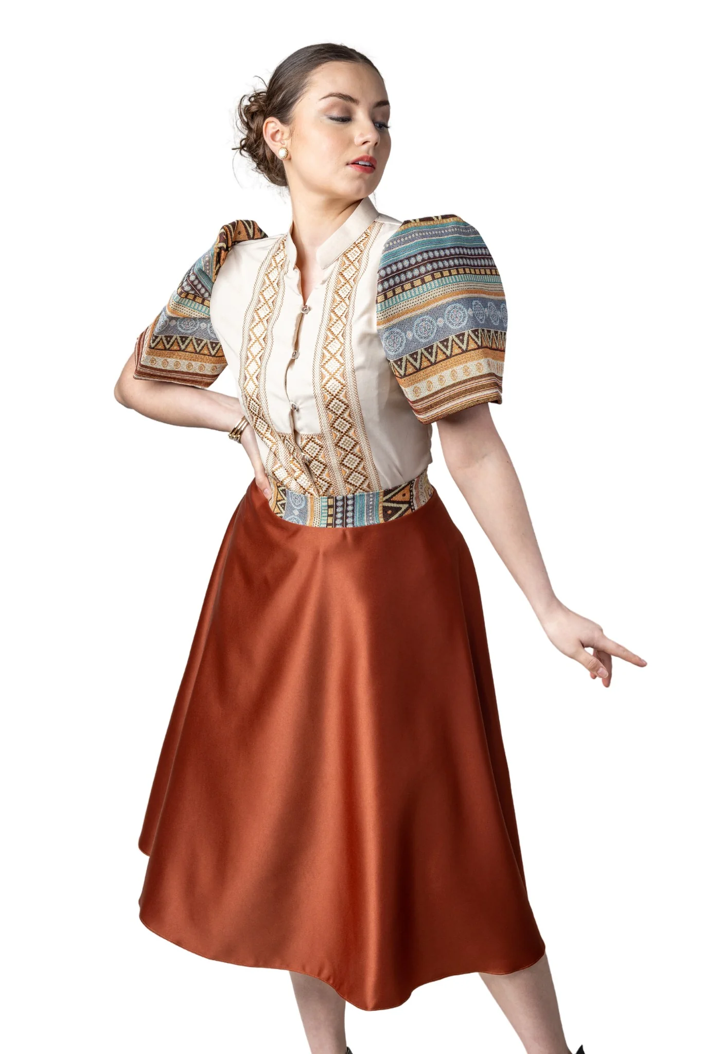 WS22 - Baro't Saya Ethnic Filipiniana Copper - Blouse and Skirt Set - Image 4